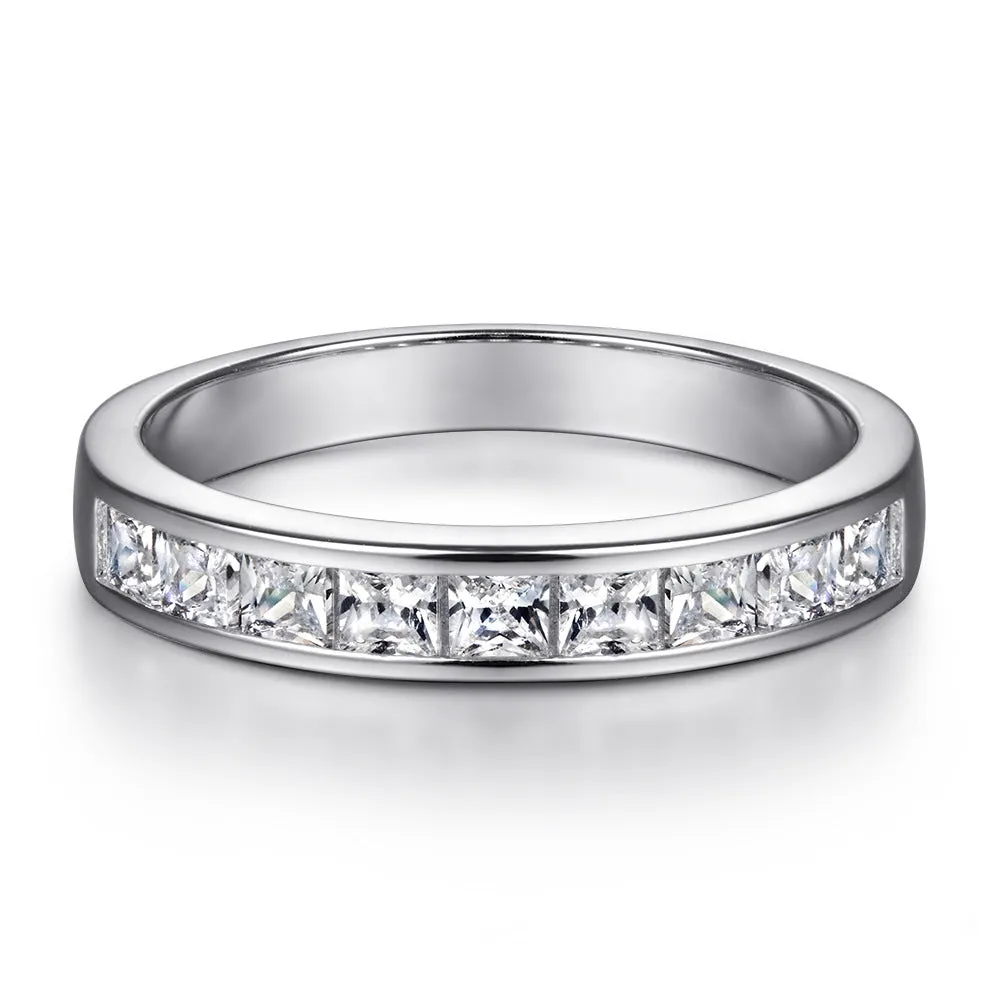 Princess Cut Zircon with Half Eternity Silver Ring Set