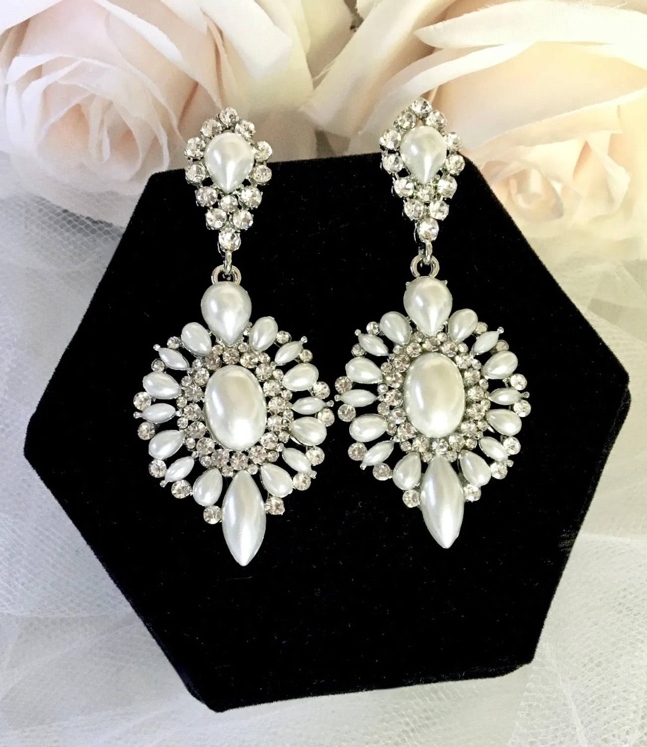 "Jeannine" - Pearl and Rhinestone Bridal Earrings