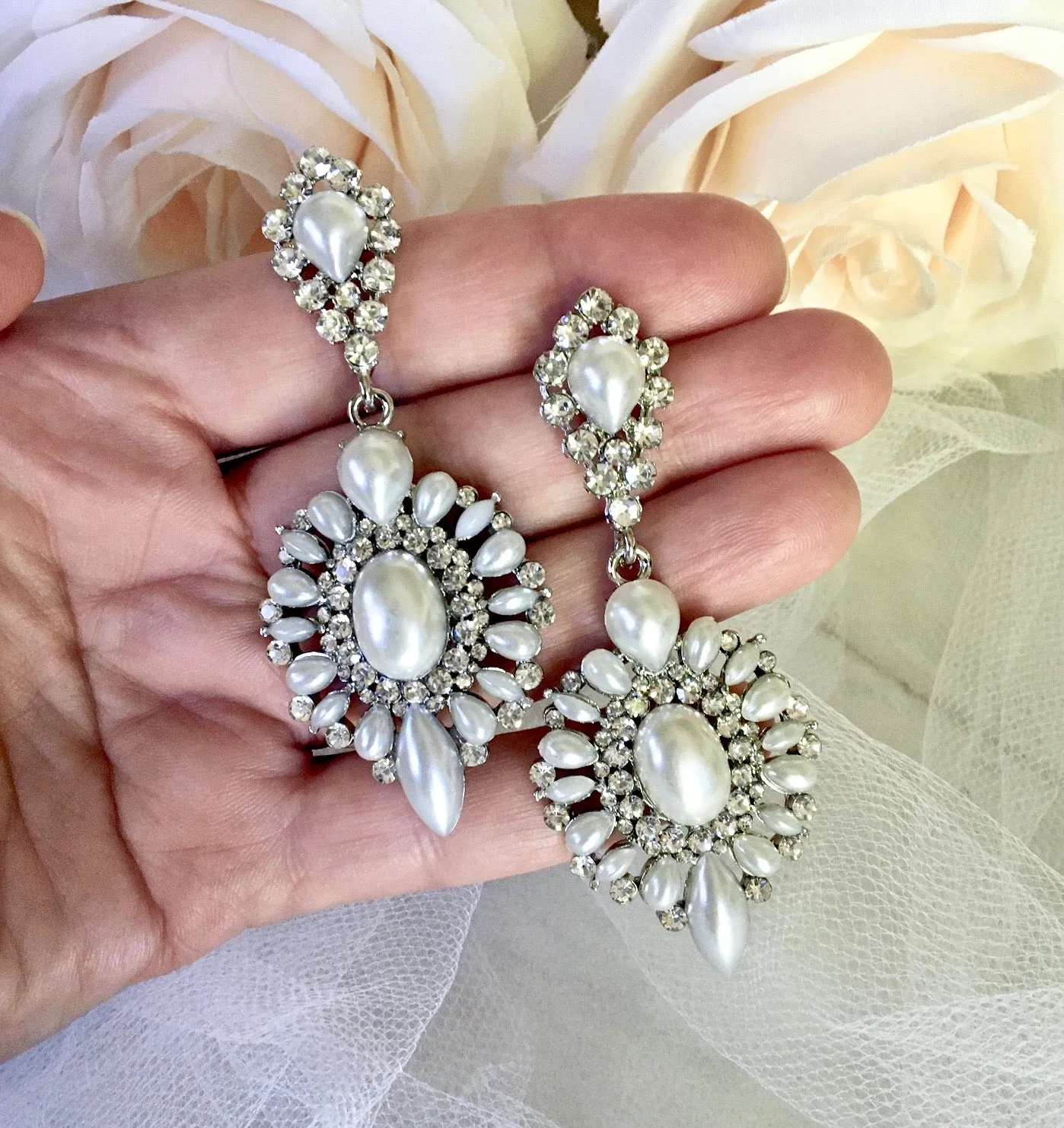 "Jeannine" - Pearl and Rhinestone Bridal Earrings