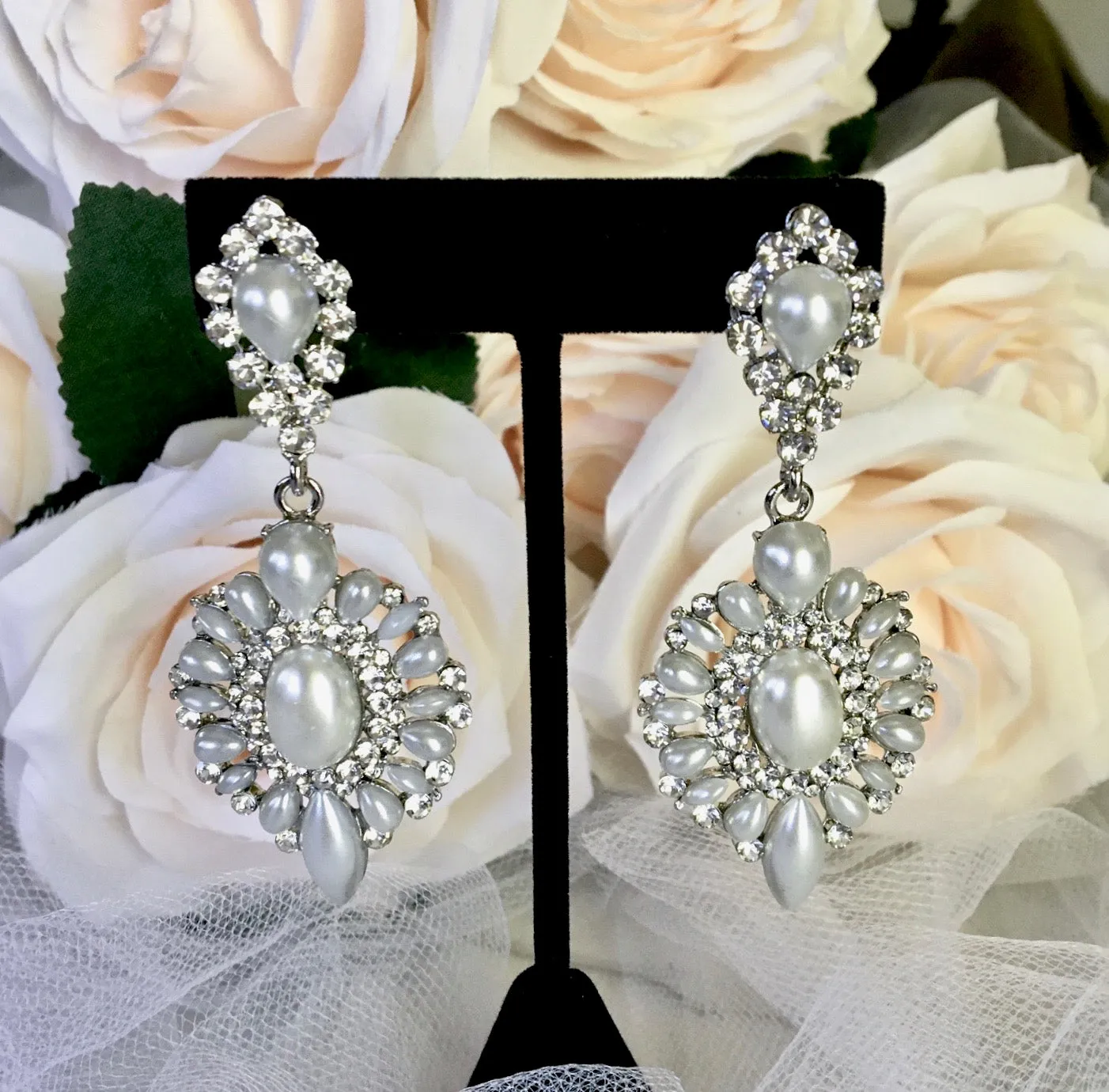 "Jeannine" - Pearl and Rhinestone Bridal Earrings