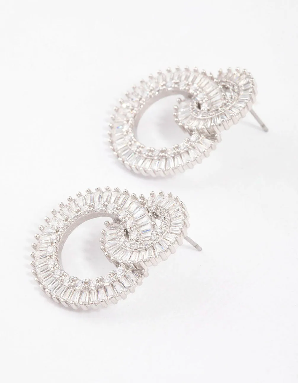 Rhodium Cubic Zirconia Double Circle Diamante Drop Earrings