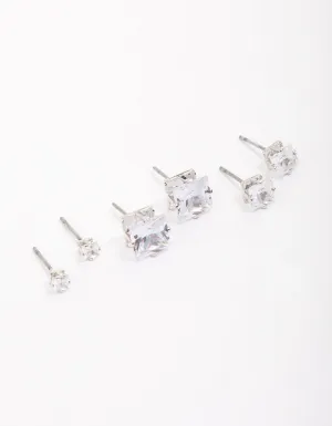 Rhodium Cubic Zirconia Square Graduated Earrings Pack