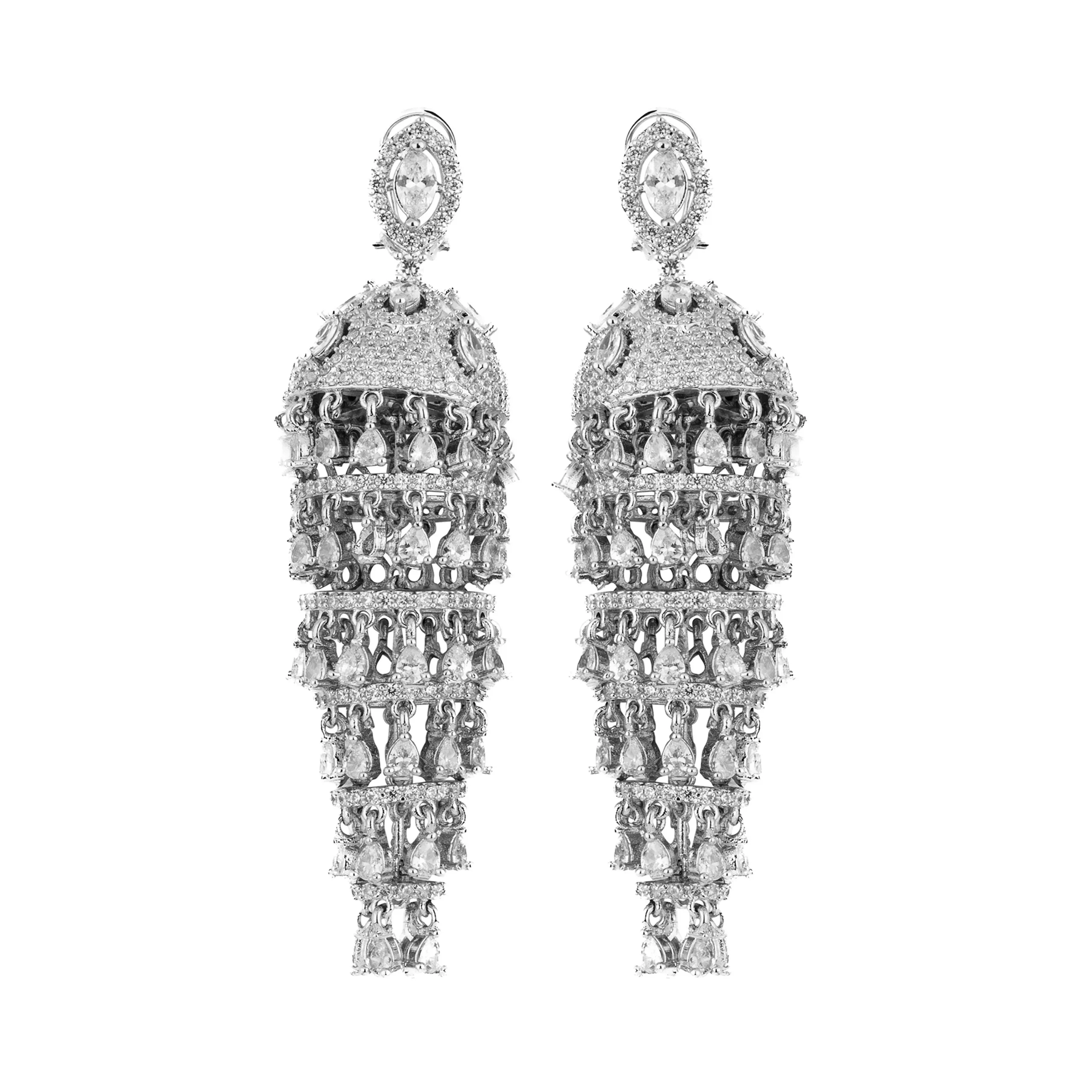 Rhodium Plated Zircon Studded Jhumka Earrings