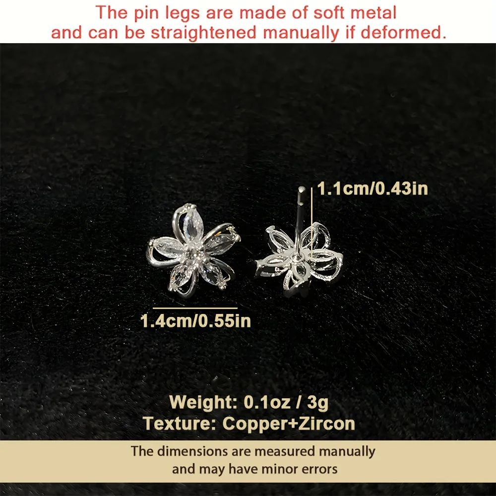 Shiny Zircon Decor Stud Earrings Exquisite Flower Design