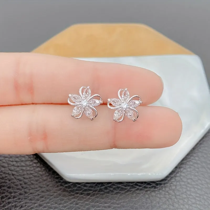 Shiny Zircon Decor Stud Earrings Exquisite Flower Design