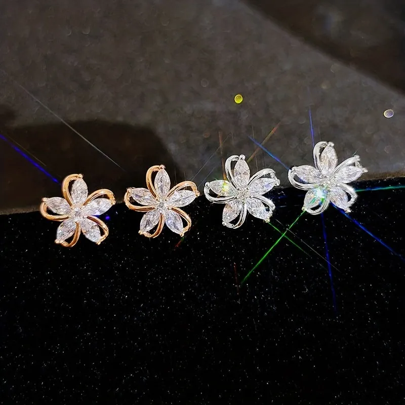 Shiny Zircon Decor Stud Earrings Exquisite Flower Design