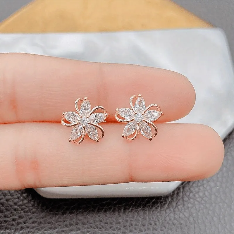 Shiny Zircon Decor Stud Earrings Exquisite Flower Design