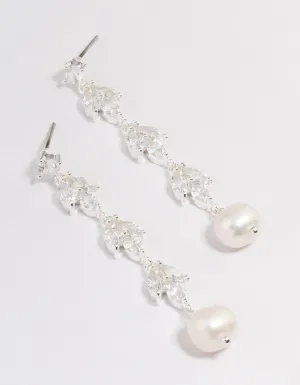 Silver Plated Leaf Pearl Cubic Zirconia Drop Earrings