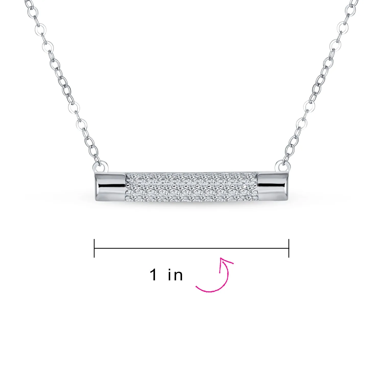 Simple Modern CZ Round Bar Sideways Pendant Necklace in Sterling Silver