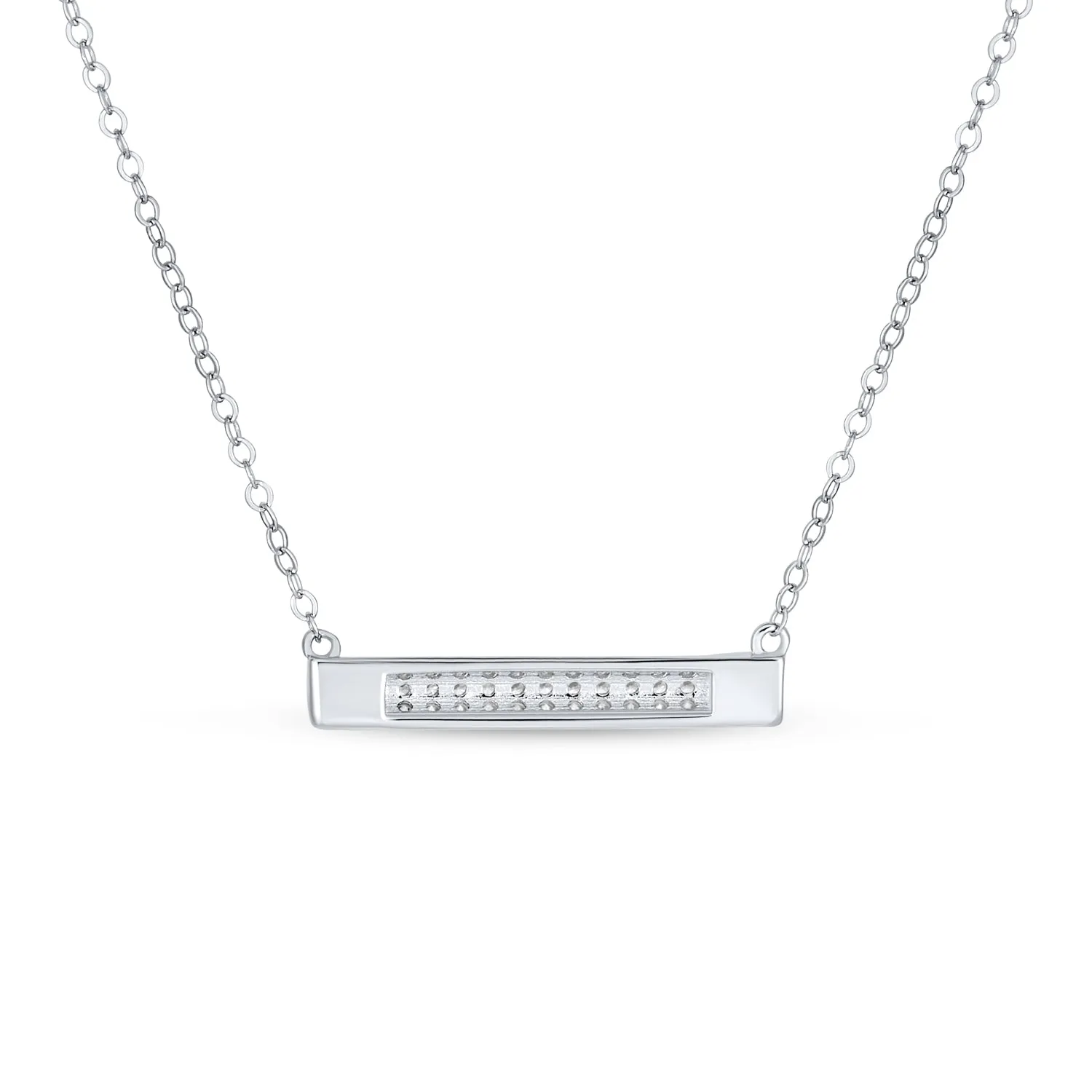 Simple Modern CZ Round Bar Sideways Pendant Necklace in Sterling Silver