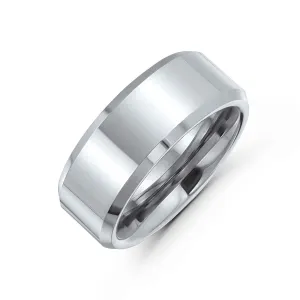 Simple Polished Tungsten Wedding Band Ring for Men Beveled Edge Silver Tone Comfort Fit