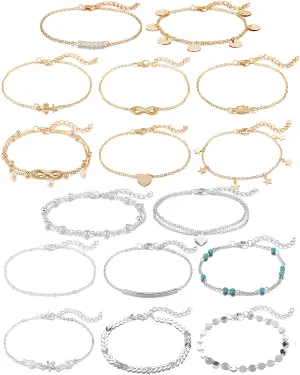 Softones 16Pcs Ankle Bracelets for Women Girls Gold Silver Two Style Chain Beach Anklet Bracelet Jewelry Anklet Set,Adjustable Size