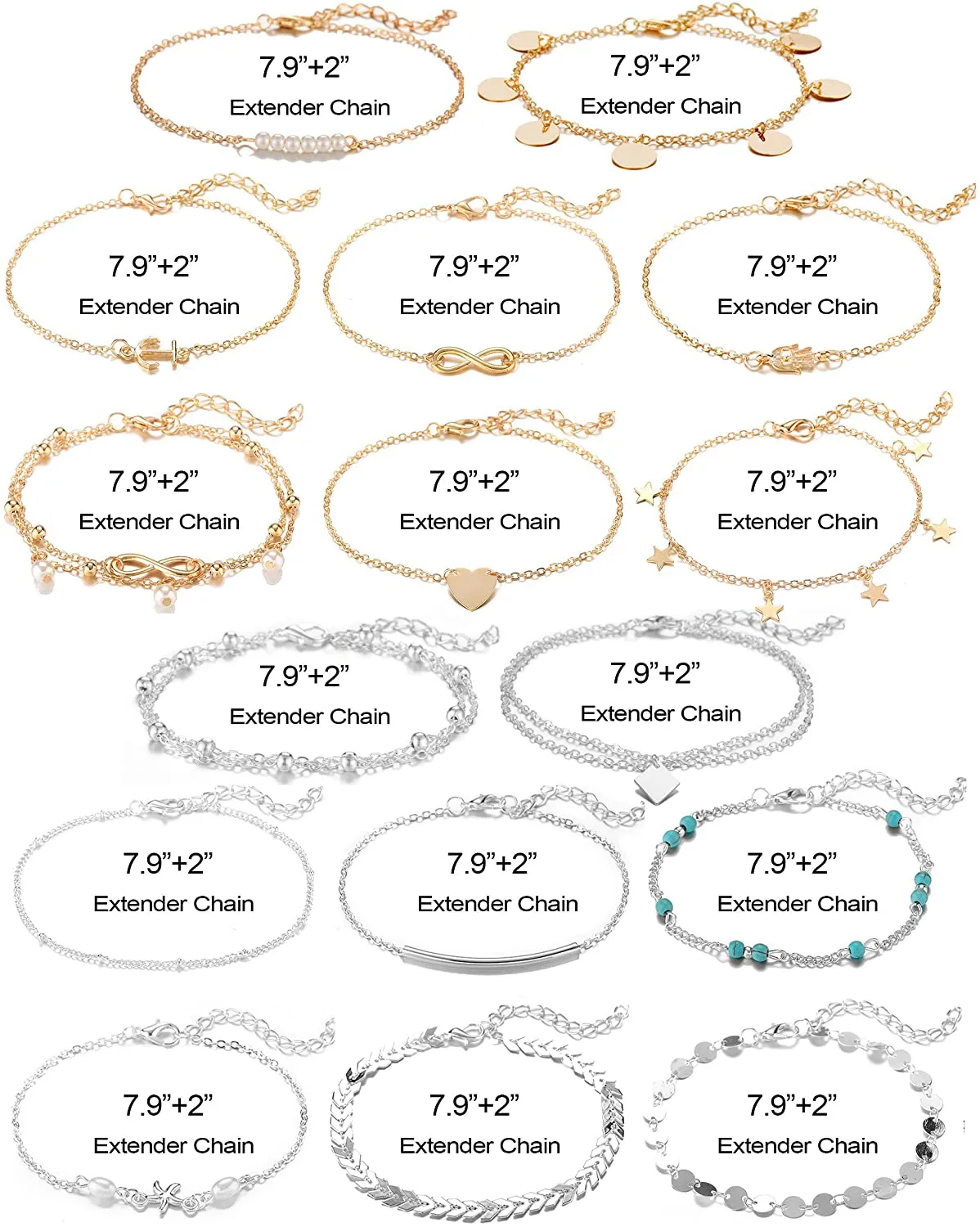 Softones 16Pcs Ankle Bracelets for Women Girls Gold Silver Two Style Chain Beach Anklet Bracelet Jewelry Anklet Set,Adjustable Size