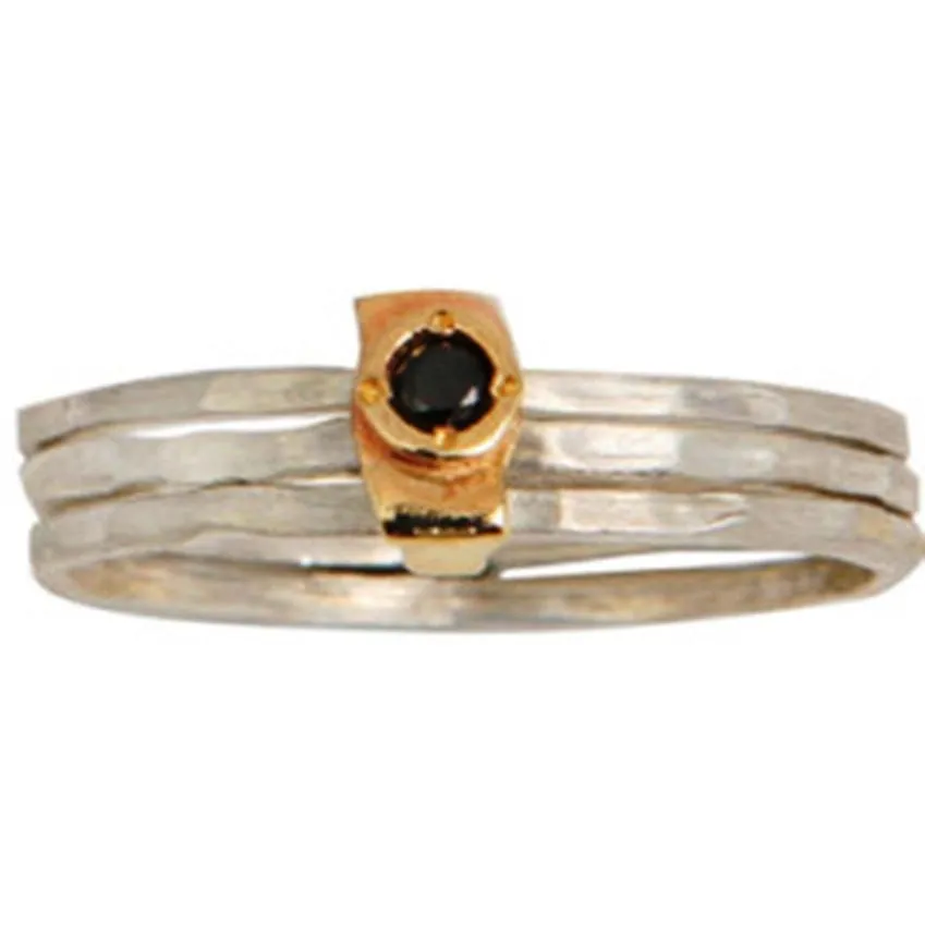 Stacking rings  set,  silver ring  and 9K gold black diamonds rings distinctive jewelry