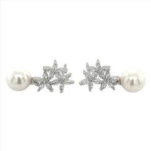 Sterling Silver Triple Floral Cz & Pearl Drop Earrings