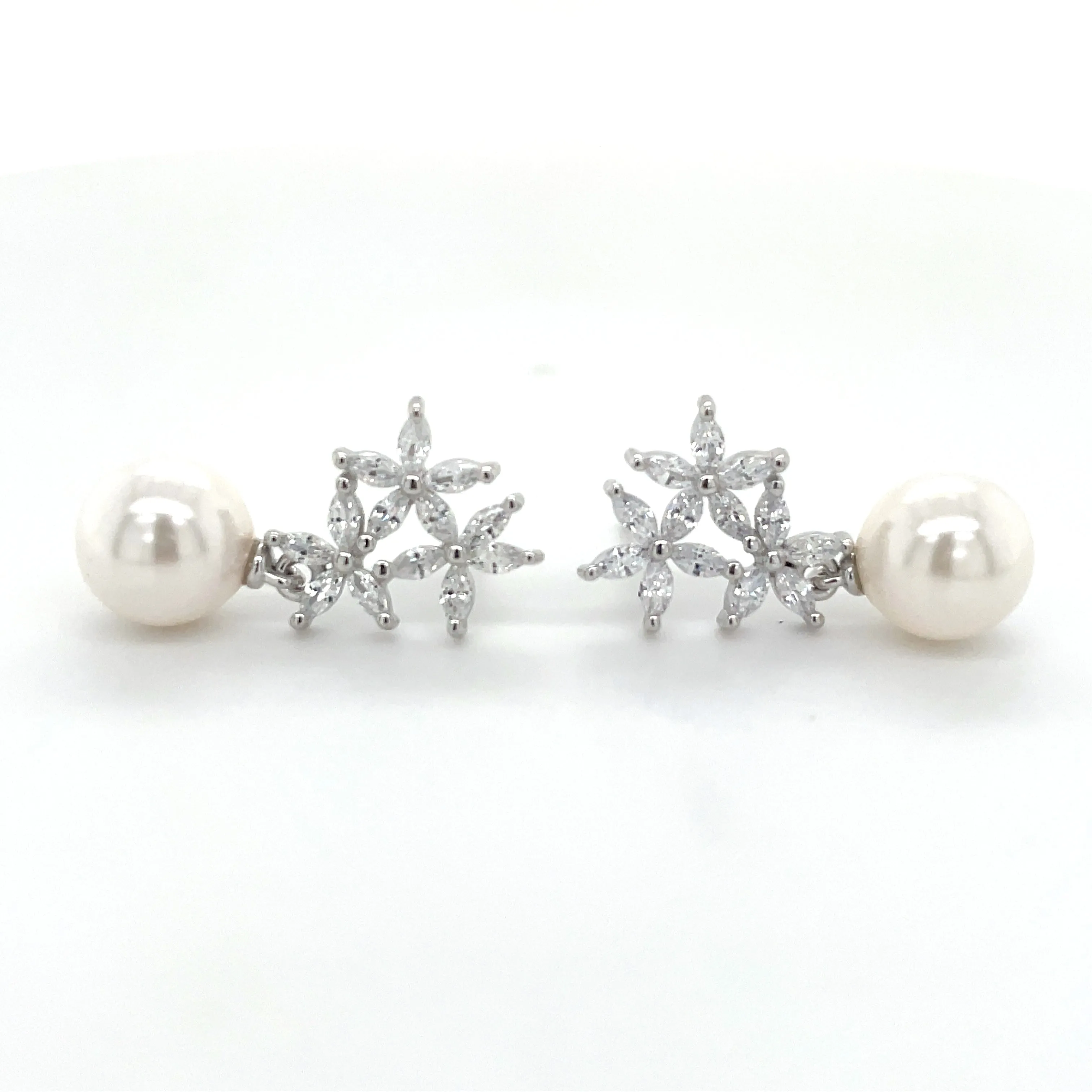 Sterling Silver Triple Floral Cz & Pearl Drop Earrings