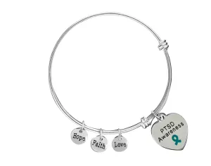 Teal Ribbon PTSD Awareness Heart Charm Retractable Bracelets