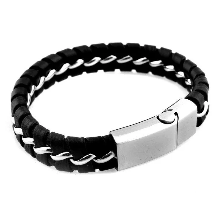 Unique Designer 316L Stainless Steel Bracelets & Bangles Mens Gift Black Leather Knitted Magnetic Clasp Bracelet Men Jewelry