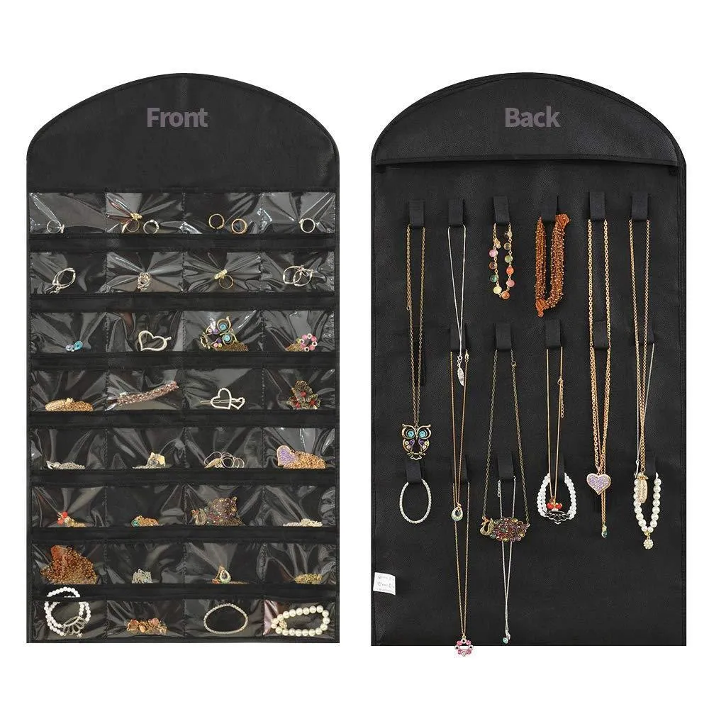 US Seller Jewelry Hanging Non-Woven Organizer Holder 32 Pockets 18 Hook & Loops