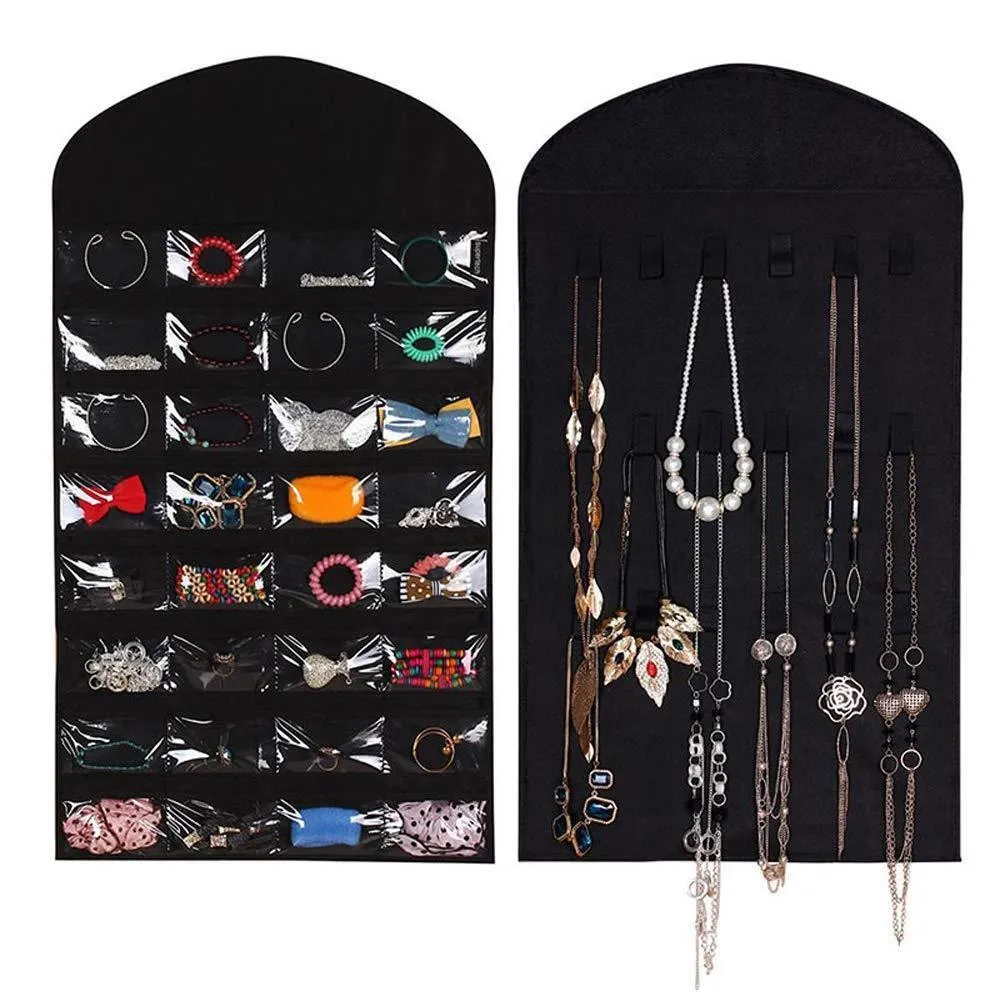 US Seller Jewelry Hanging Non-Woven Organizer Holder 32 Pockets 18 Hook & Loops