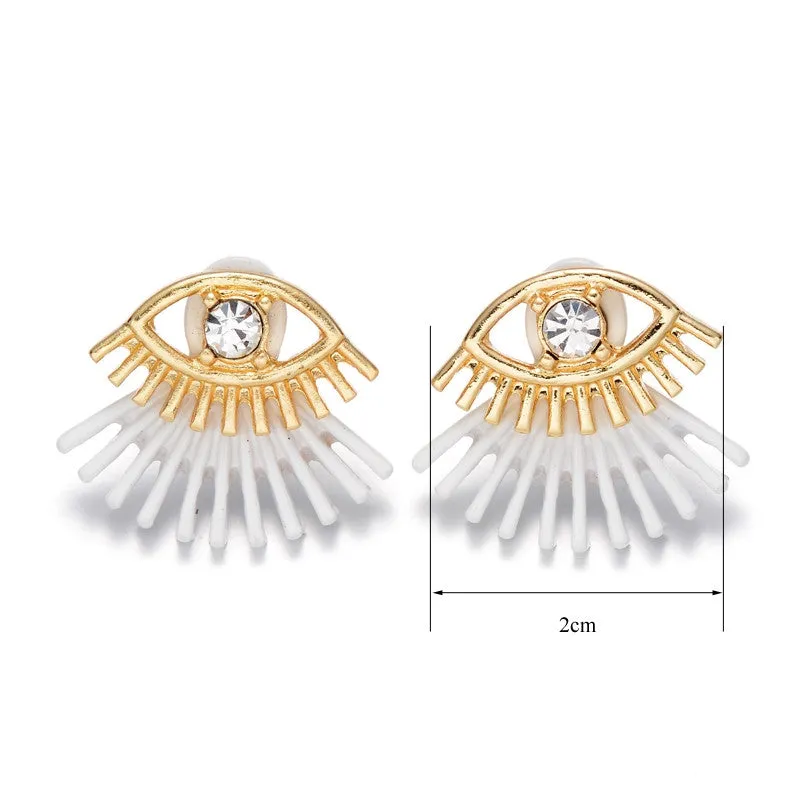 Women alloy crystal eye ear jacket 3 colors paint black white stud earrings girls exquisite jewelry