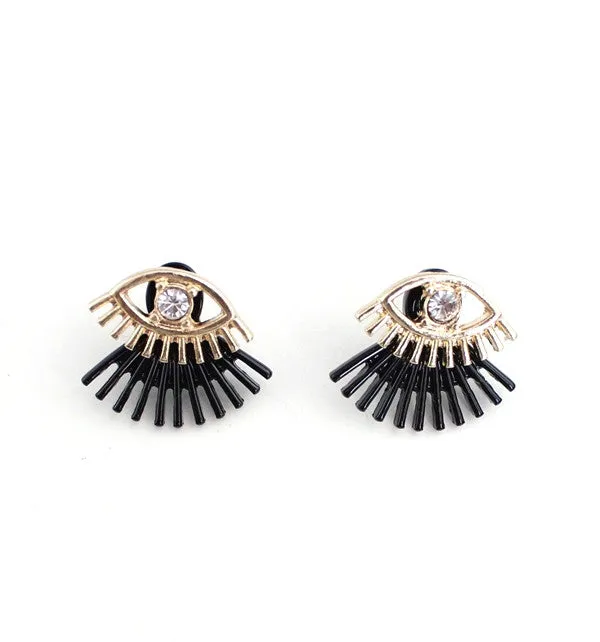 Women alloy crystal eye ear jacket 3 colors paint black white stud earrings girls exquisite jewelry