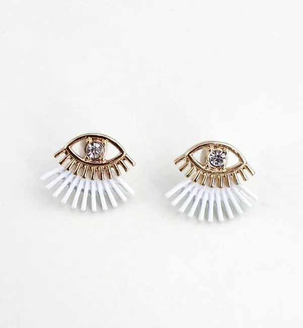 Women alloy crystal eye ear jacket 3 colors paint black white stud earrings girls exquisite jewelry